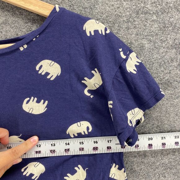 Forever 21 Top Women M Medium Blue Short Sleeve Cropped Tie Up Elephant Print - Picture 3 of 8